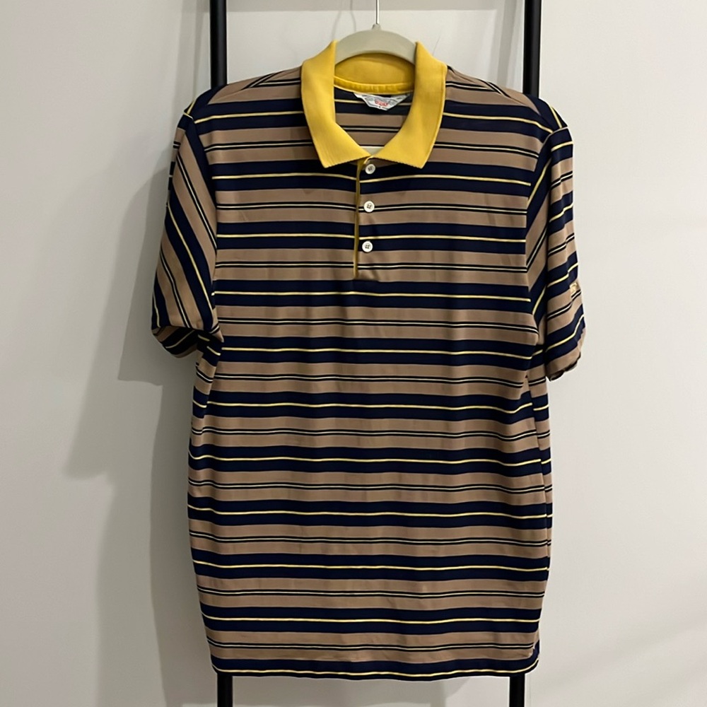Vintage 70s Levi Strauss Co Stripes Brown Yellow Short Sleeve Polo Men Size L
